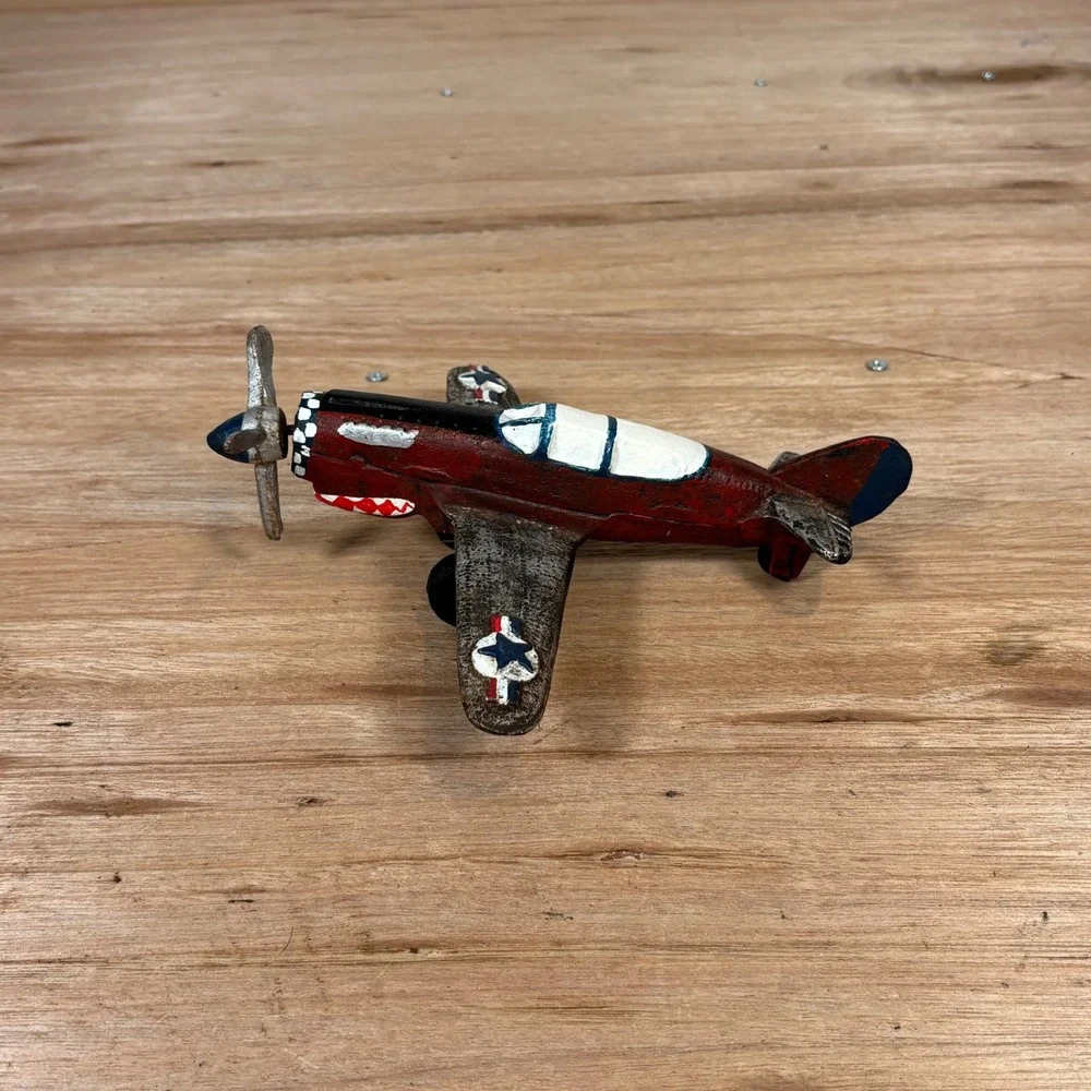 Vintage Cast Iron P-41 Fighter Plane Model WWII Style Shark Mouth Metal Aircraft